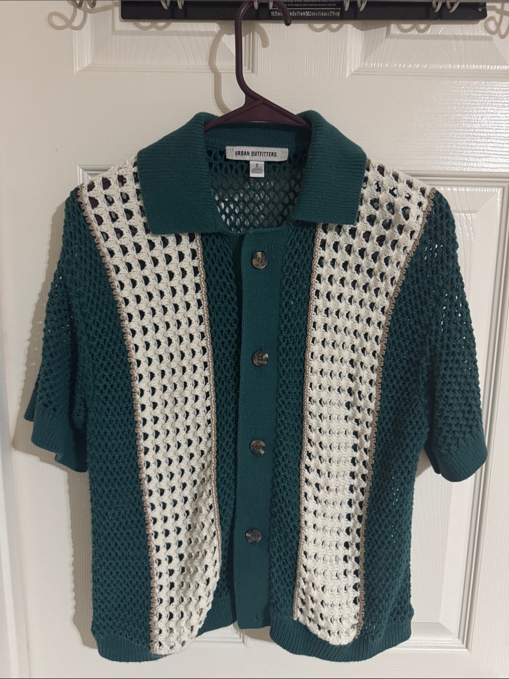 Urban Outfitters Teal & White Open-Knit Button Polo Cardigan
